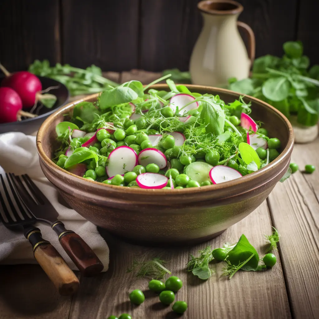 spring salad peas in a rustic bowl