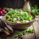 spring salad peas in a rustic bowl
