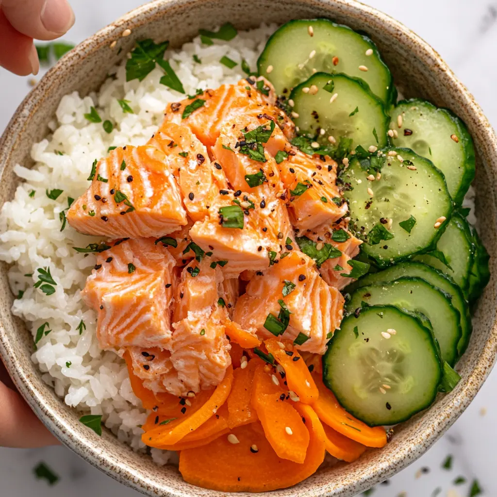 adding salmon to rice bowl