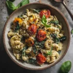 Cashew cream pasta with spinach and cherry tomatoes in recipe card style
