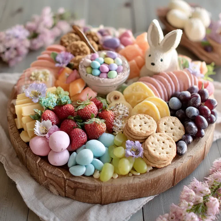 Easter charcuterie board with pastel treats and cheeses