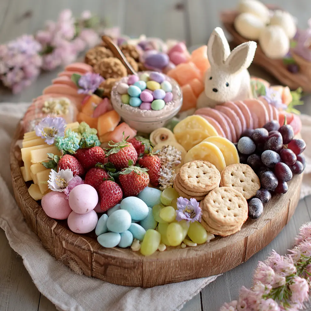 Easter charcuterie board with pastel treats and cheeses