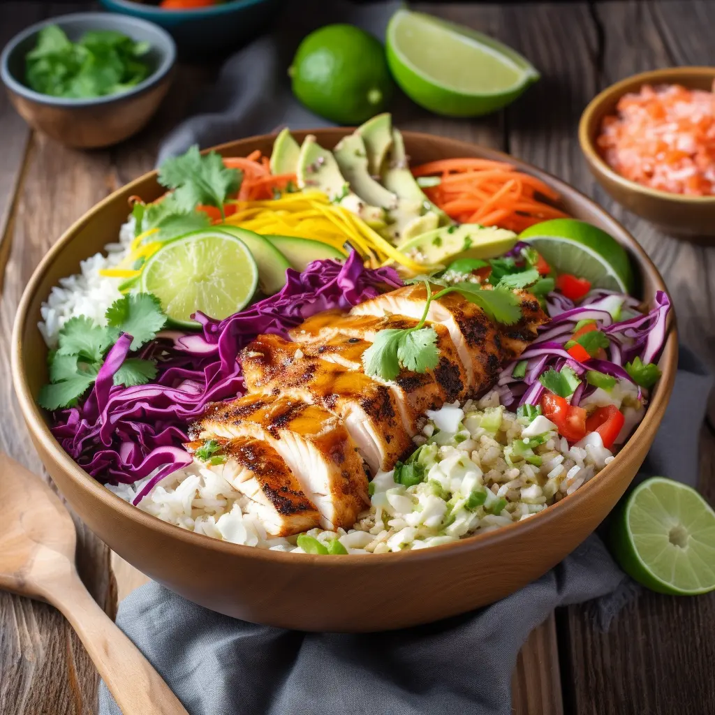 fish taco bowls with toppings in rustic bowl