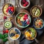 Healthy breakfast bowl recipes flat lay