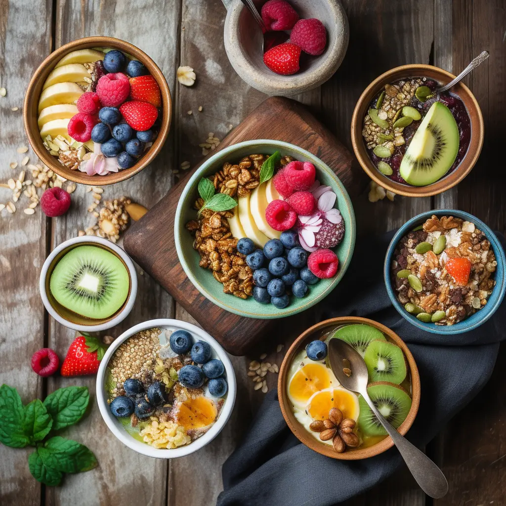 Healthy breakfast bowl recipes flat lay