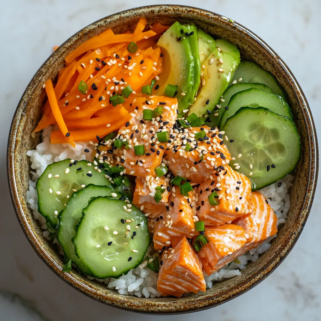 Leftover salmon rice bowl topped with vegetables and sesame seeds