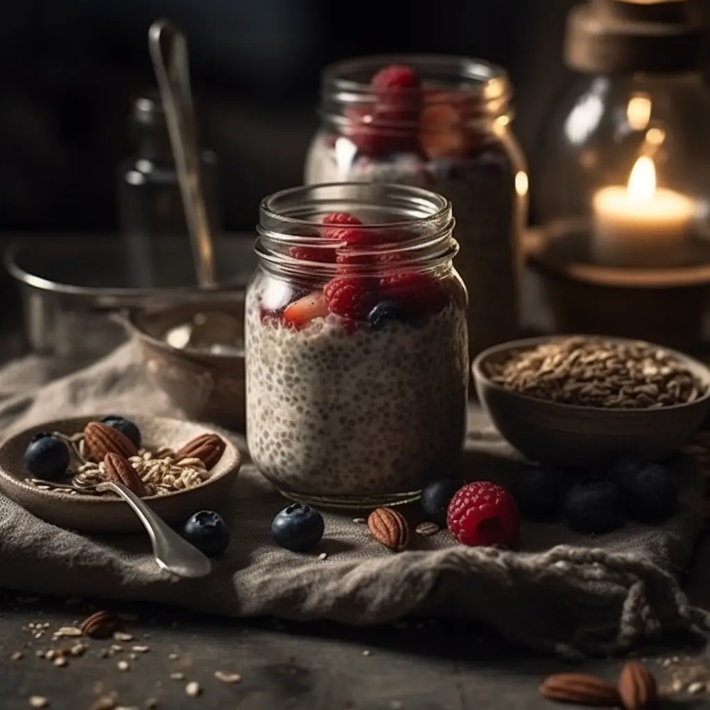 Overnight oats in a mason jar on rustic kitchen counter