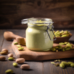 Homemade pistachio cream recipe in a jar on table