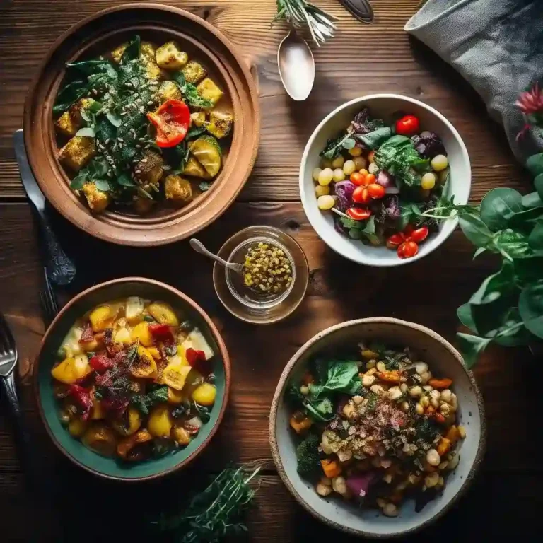 Plant-based comfort foods arranged on rustic table
