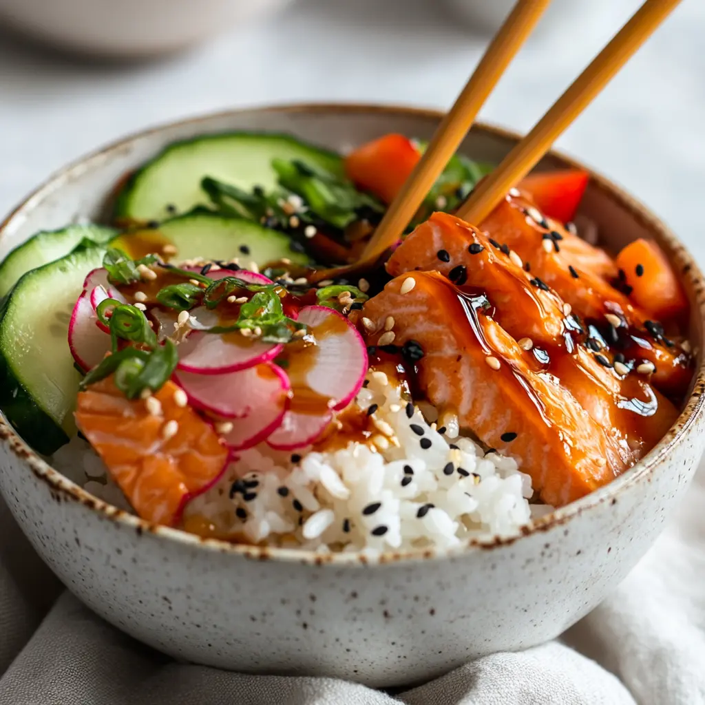 served salmon rice bowl