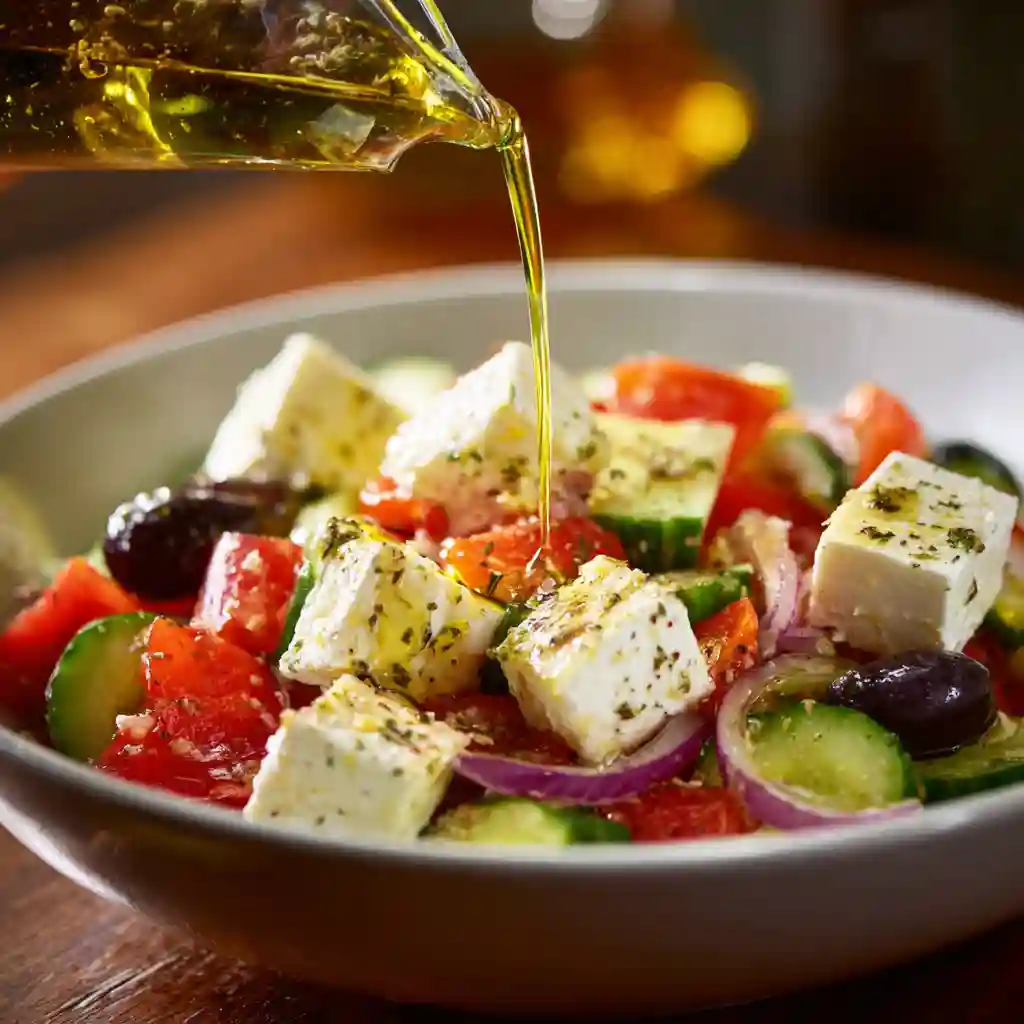 adding feta olive oil salad