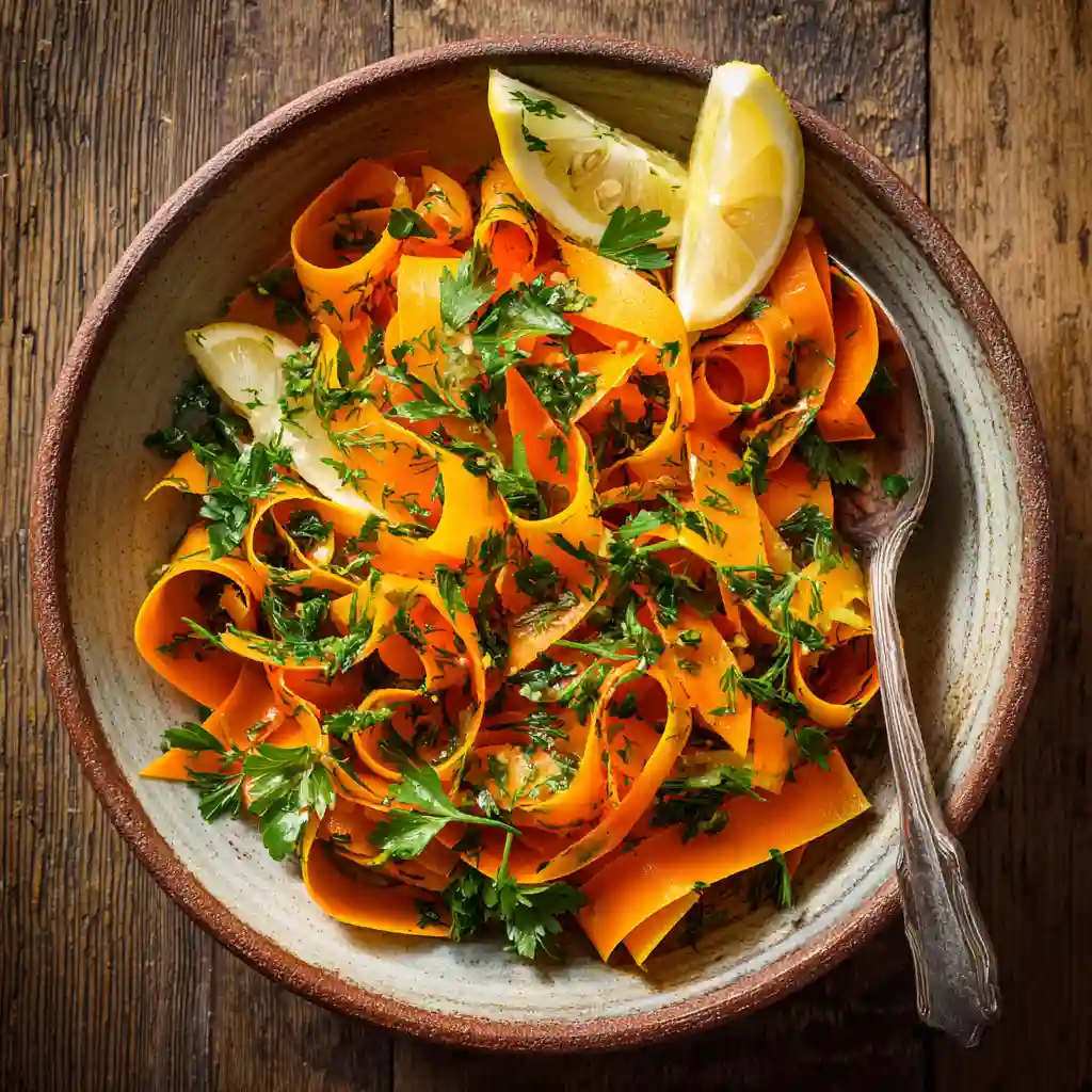 carrot ribbon salad in a ceramic bowl