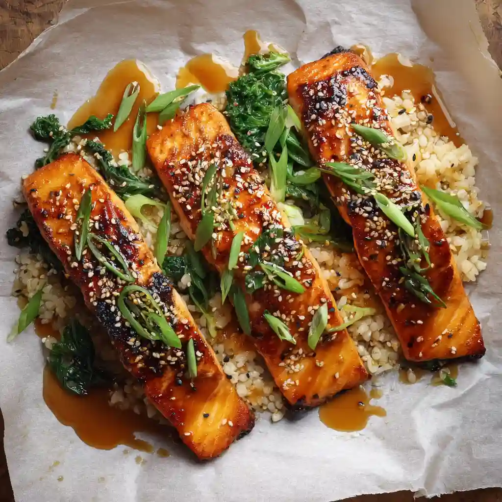 Miso salmon recipe with caramelized glaze and rice