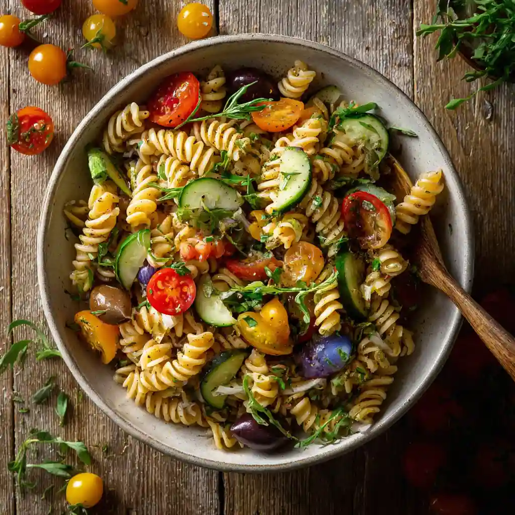cold pasta salad recipe with vegetables and vinaigrette