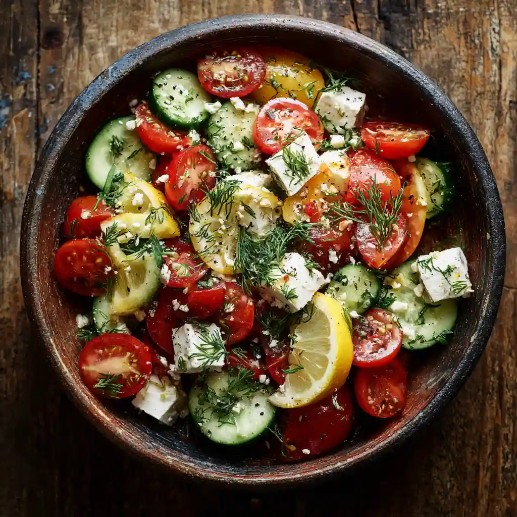 Salad tomato cucumber feta in rustic bowl with herbs and lemon