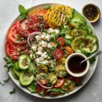 Tomato cucumber feta salad with labeled ingredients and clean layout