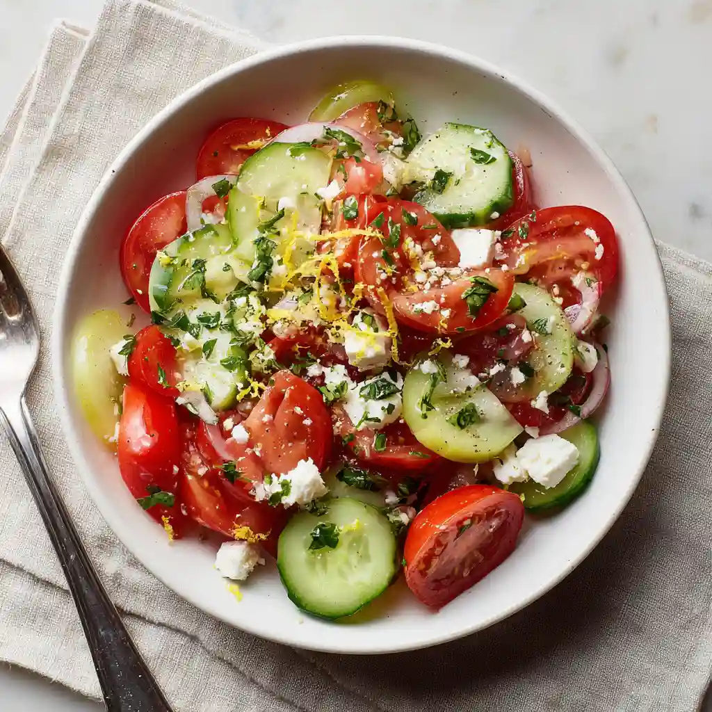 tomato cucumber feta salad serving