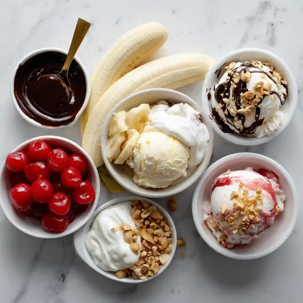 banana split ingredients flat lay