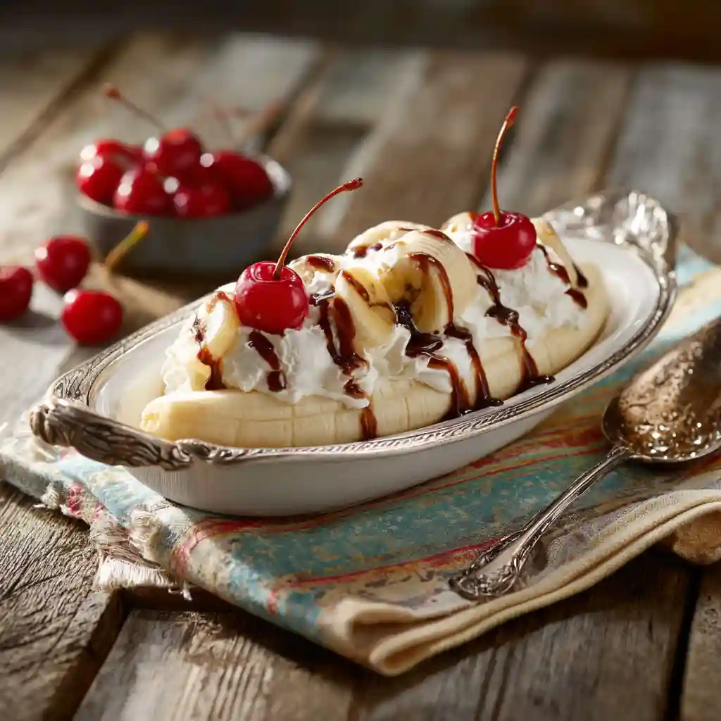 served banana split dessert bowl