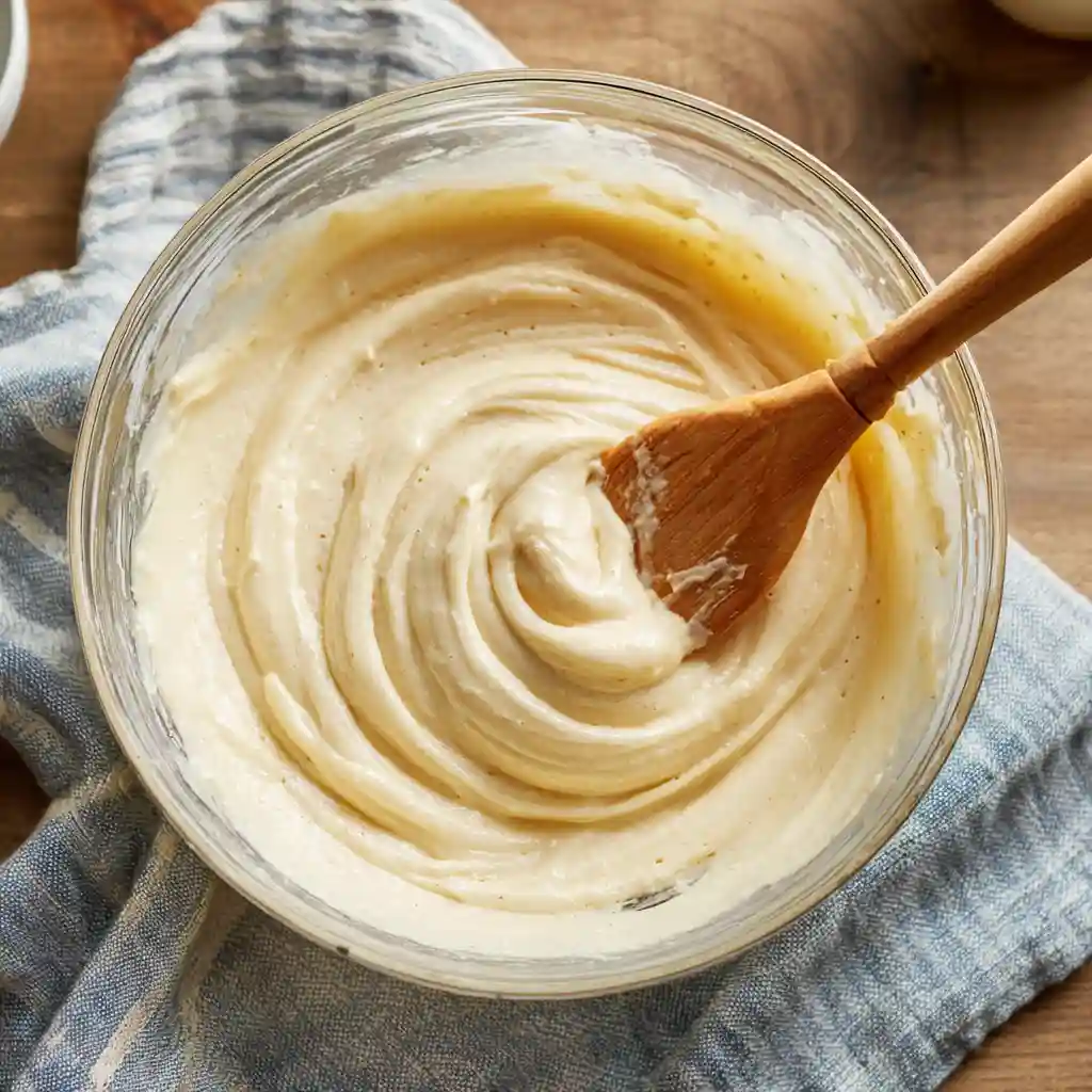Smooth cake batter being mixed