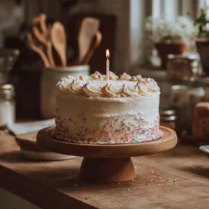 Birthday cake recipe on cake stand with candle