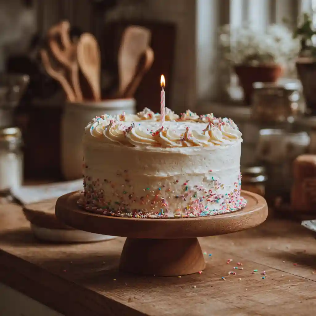 Birthday cake recipe on cake stand with candle