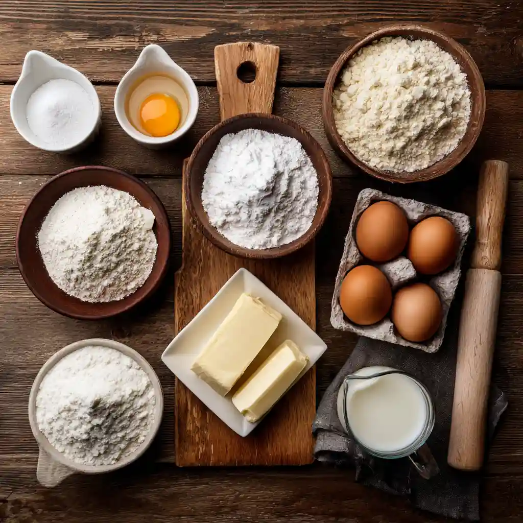 Birthday cake recipe ingredients on wood surface