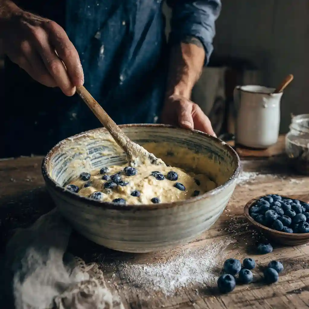mixing muffin batter in a bowl