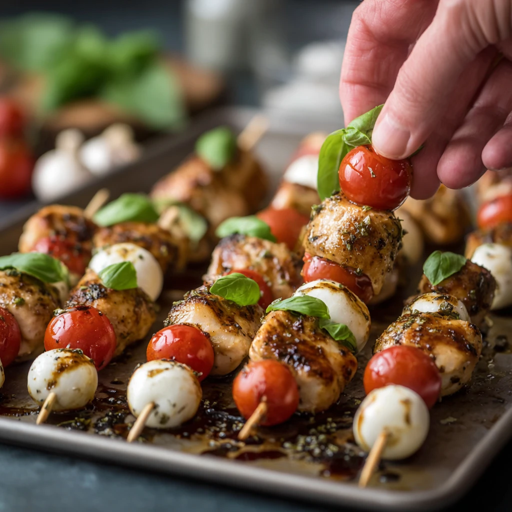 Assembling chicken caprese bites on skewers