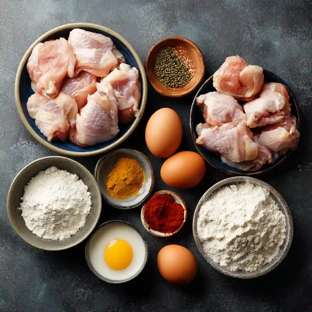 Chicken fried recipe ingredients arranged on kitchen counter