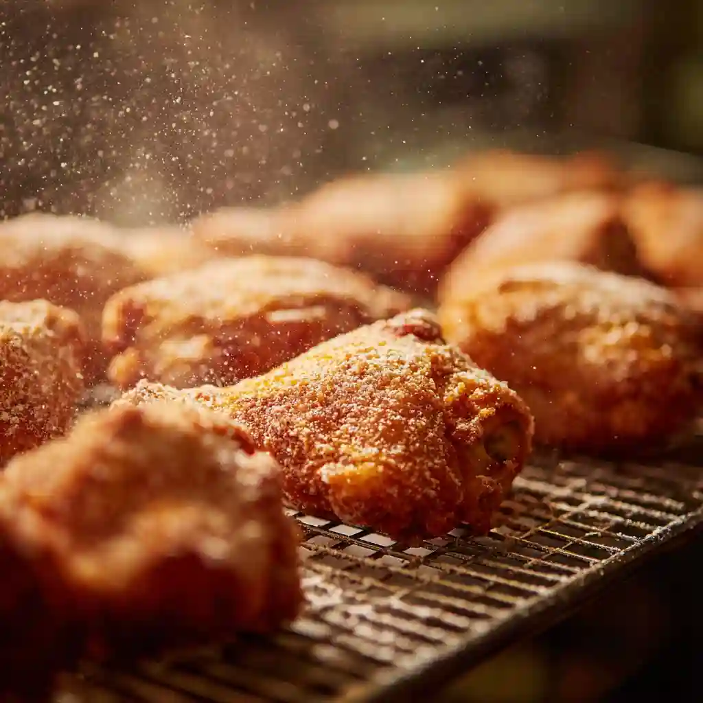 Coated chicken resting on wire rack for frying