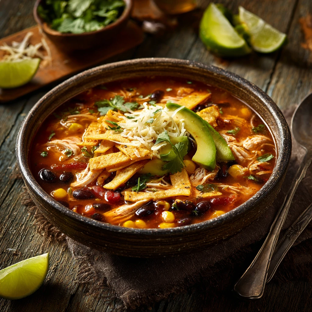 Chicken tortilla soup with toppings in a rustic bowl