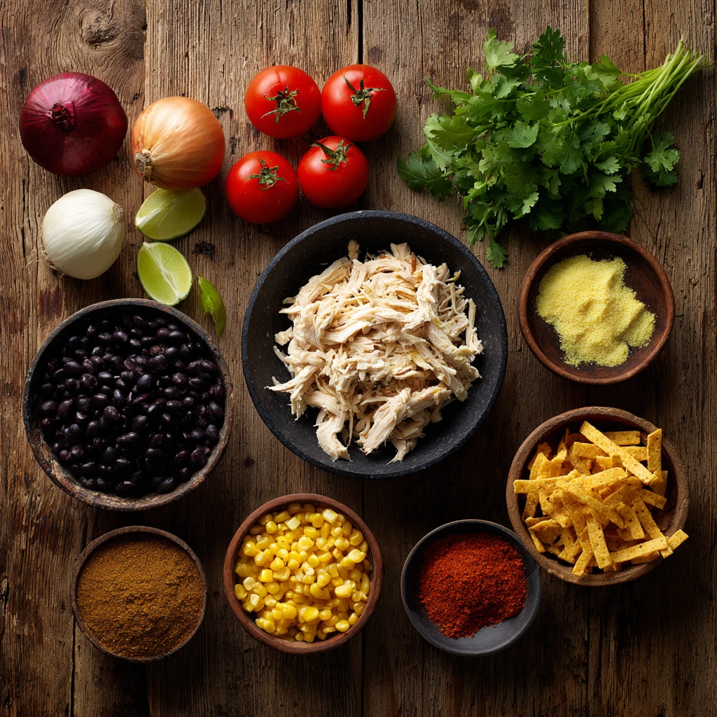 Ingredients for chicken tortilla soup arranged on table