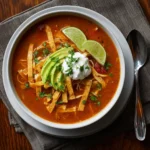 Served chicken tortilla soup with toppings