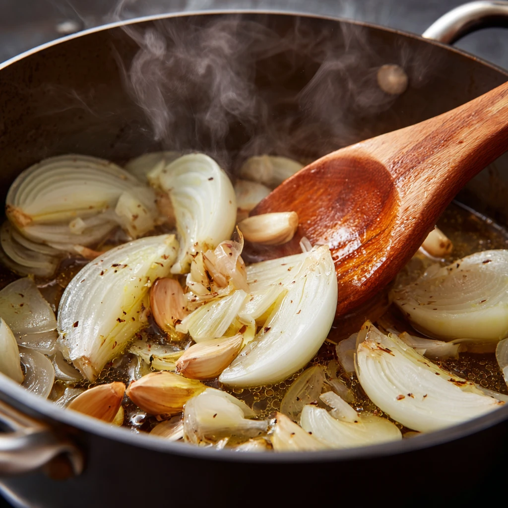 Onions and garlic sautéing for chicken tortilla soup base