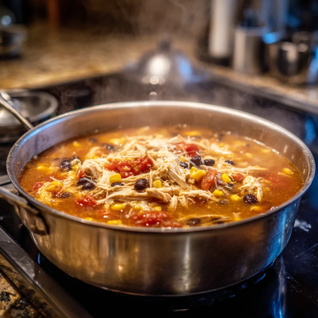 Chicken tortilla soup simmering in a pot