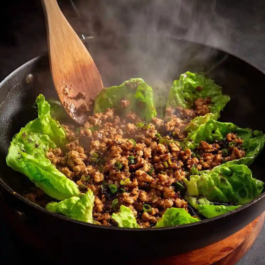 Ground chicken being cooked in a skillet for lettuce wraps