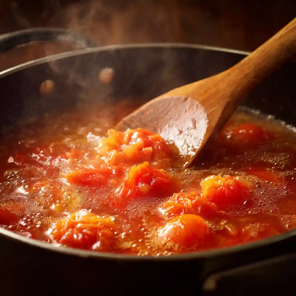 Frozen whole tomatoes soup simmering in pot