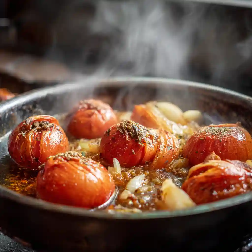 Frozen tomatoes cooking in pot with onion and garlic