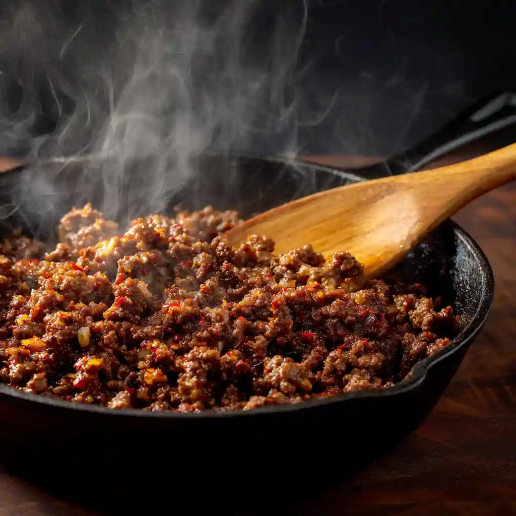 ground beef cooking in skillet for cottage cheese bowl