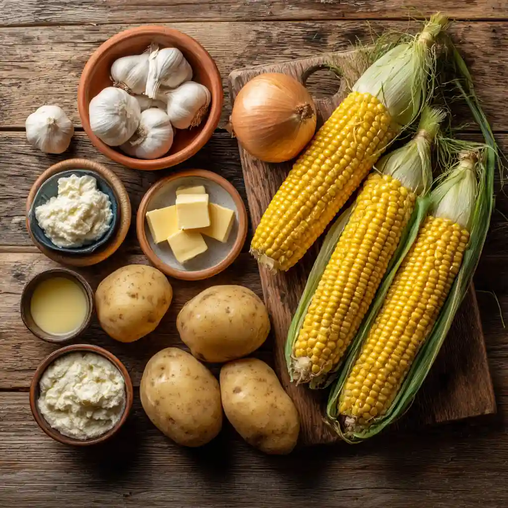 ingredients for corn chowder recipe on wooden table