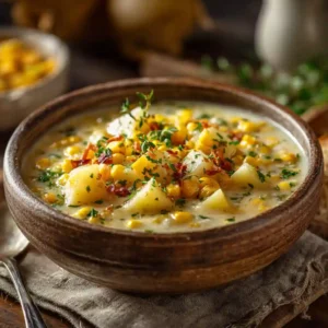 corn chowder recipe served in a rustic bowl