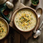 printed corn chowder recipe card with real dish beside it