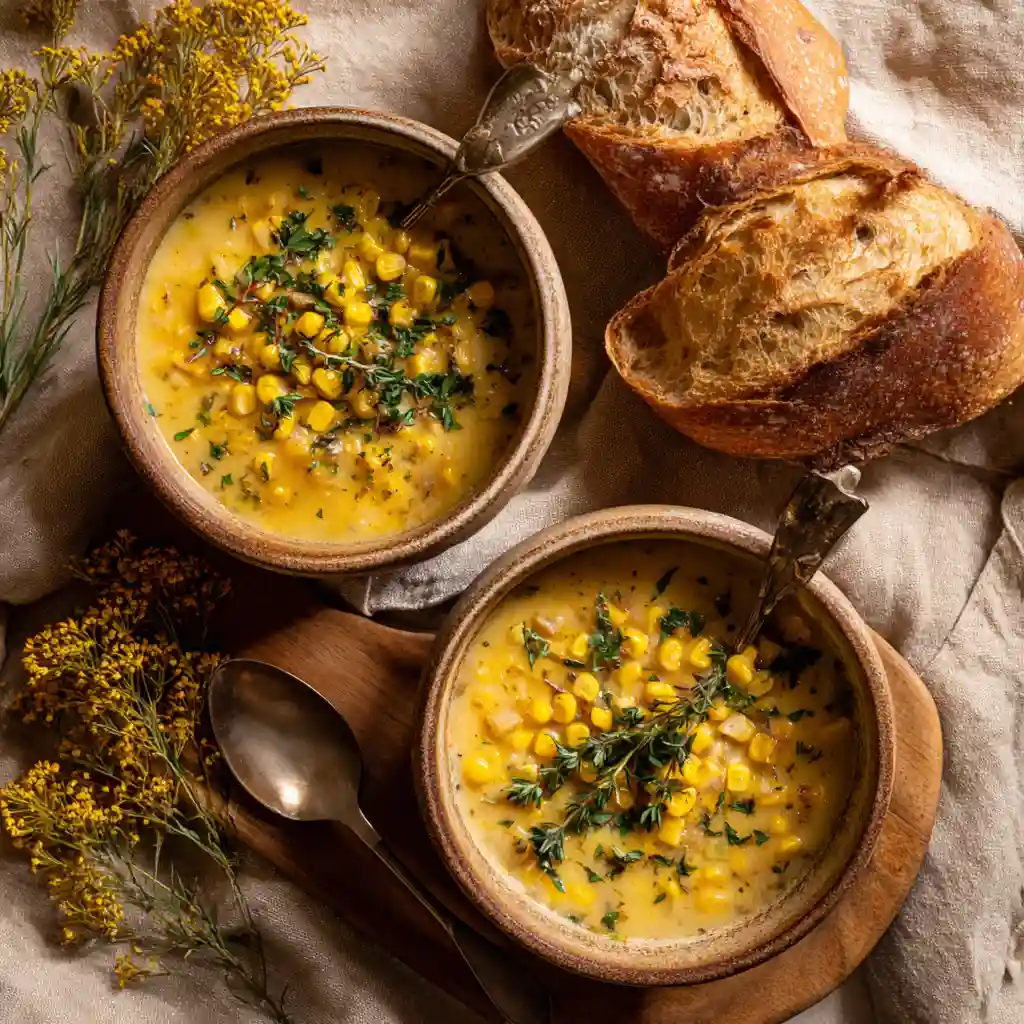 serving corn chowder in bowls with bread