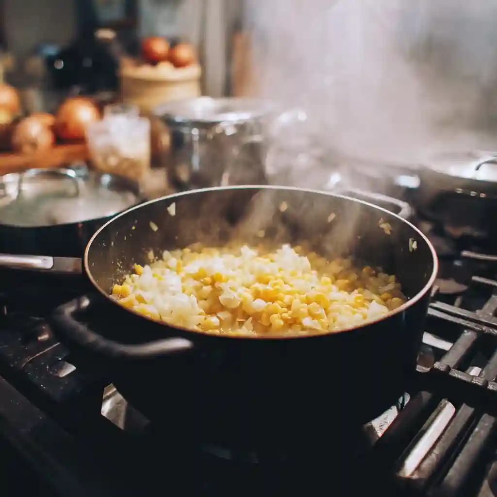 sautéing onions and garlic for corn chowder