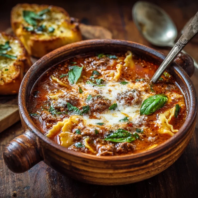 Easy lasagna soup in a rustic bowl with basil