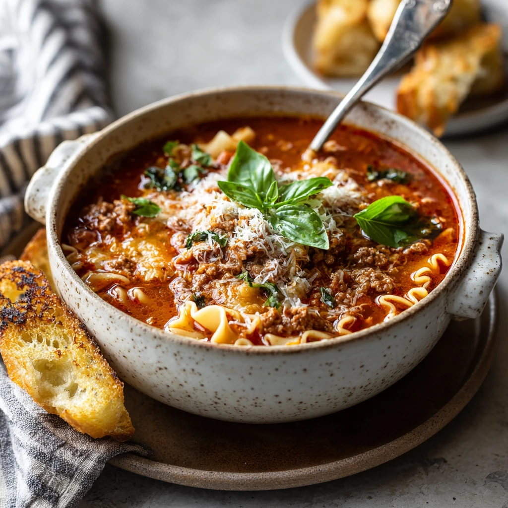 Easy lasagna soup served with fresh basil and bread