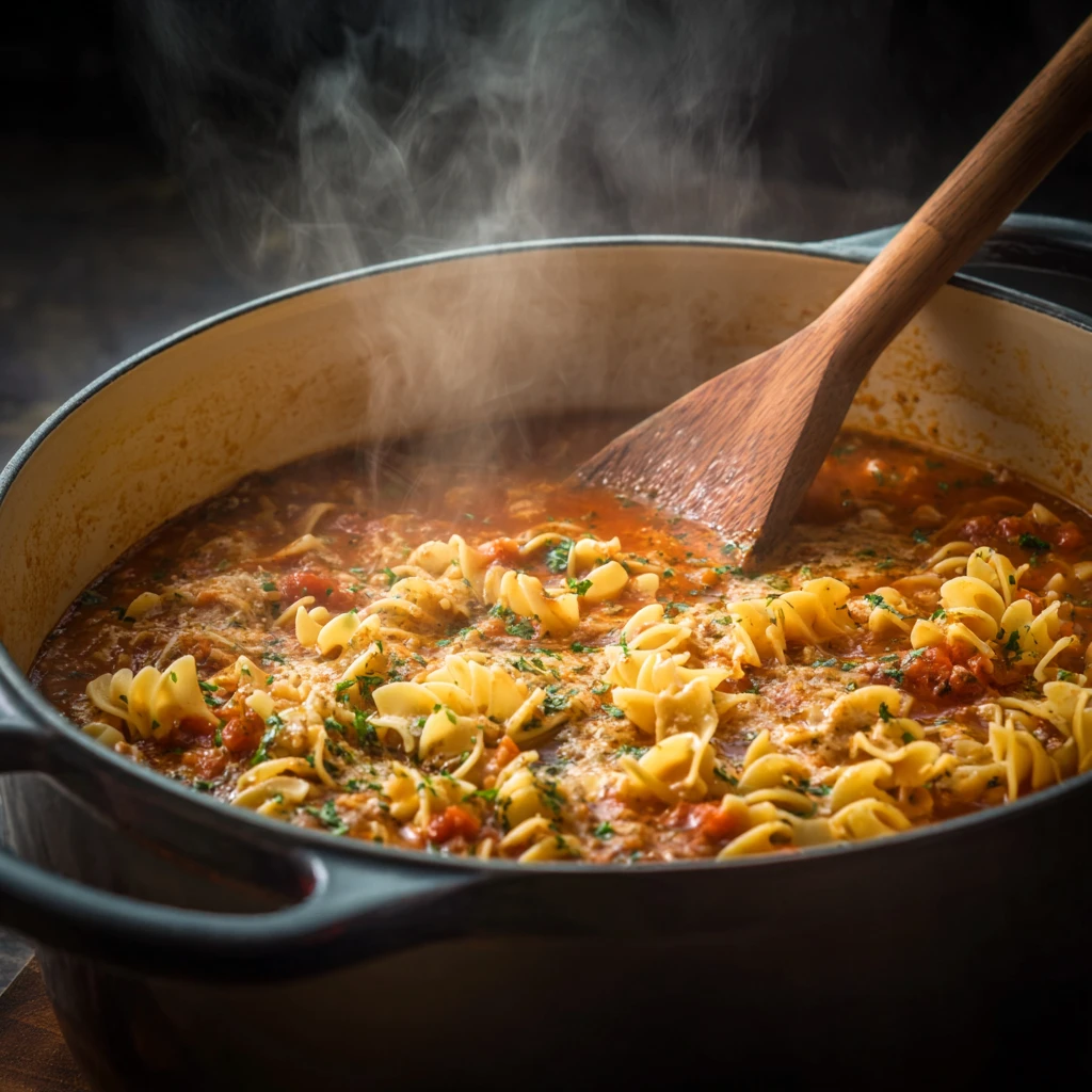 Lasagna soup simmering in a large pot
