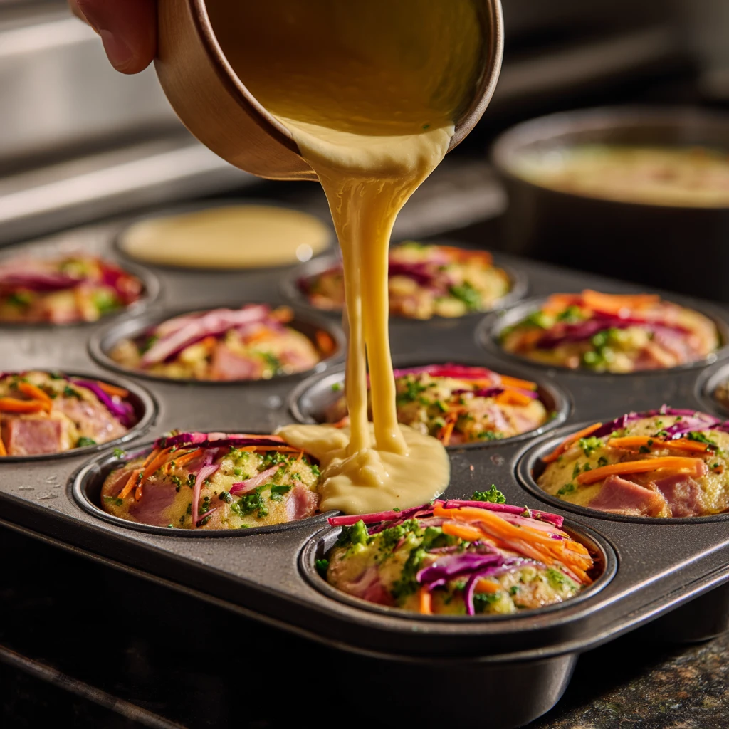pouring egg mix into muffin tray