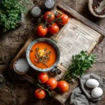Frozen tomato soup recipe card with ingredients